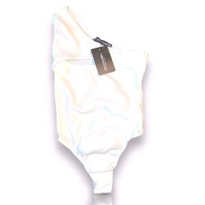 Pretty‎ Little Thing Lot Of 2 Tops, White  Rib Cut Out One Shoulder Bodysuit, &